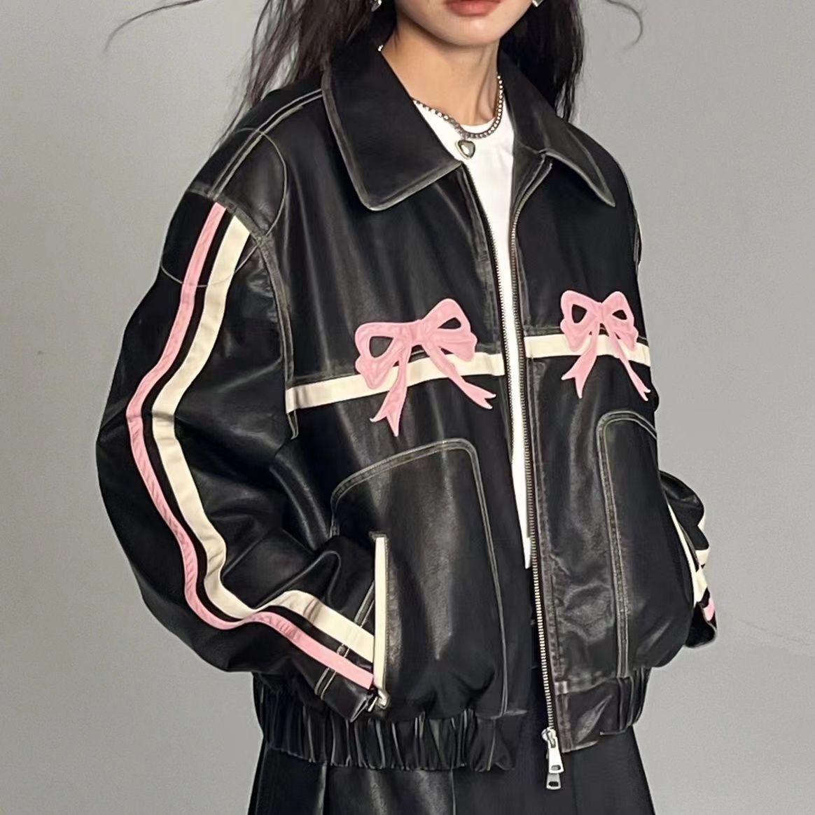 Bow Knot PU Leather Bomber Jacket
