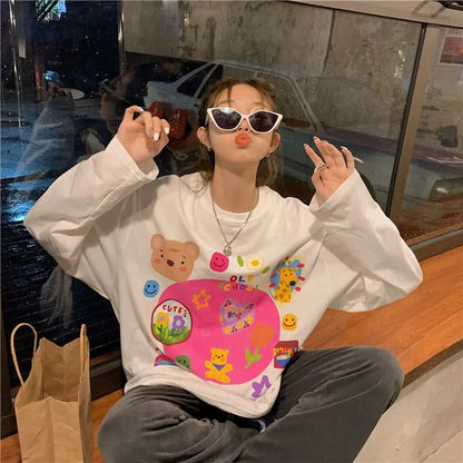 White Retro Cartoon Print Sweater