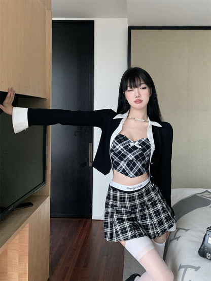3PCS Plaid Patchwork Camisole + Pleated Skirt + Long Sleeve Shirt