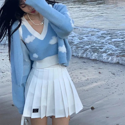 2PCS Blue Sky Cloud Vest + Knit Cardigan
