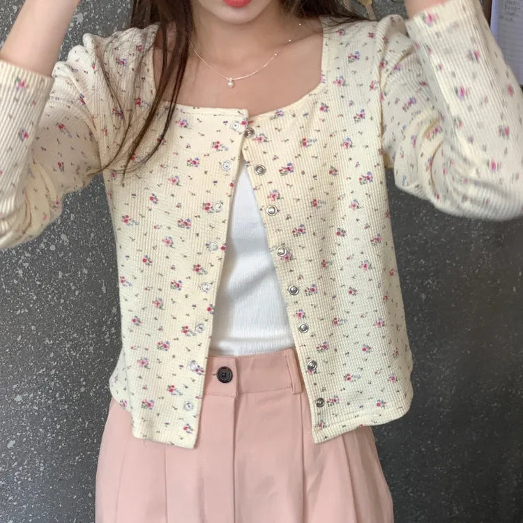 Floral V Neck Button Jacket