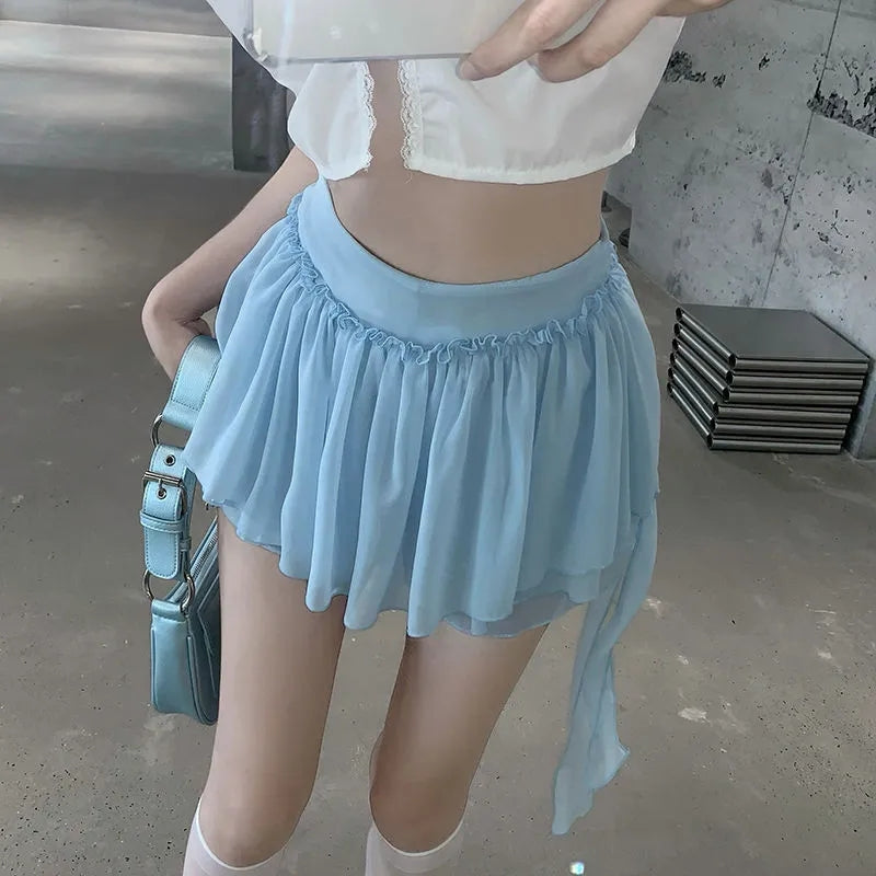 Blue Ruffle High Waist Tulle Mini Skirt