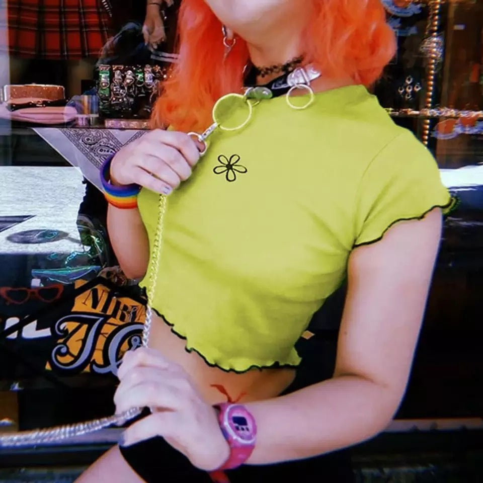 Cute Neon Green Flower Embroidery Casual Summer Crop Top Short Sleeve Tee Shirt T-Shirt E-Girl Kawaii Korean Japanese Harajuku Streetwear