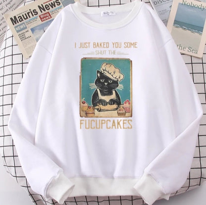 Cute Funny Cat Baking Cupcakes Cartoon Print Sweatshirt Pullover Hoodie Aesthetic Casual E-Girl Kawaii Korean Japanese Harajuku