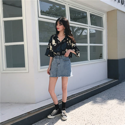Chinese Letter Cat Animal Print Casual Loose Button Down Collar Short Sleeve Tee Shirt T-shirt Top E-Girl Kawaii Korean Japanese Harajuku Streetwear