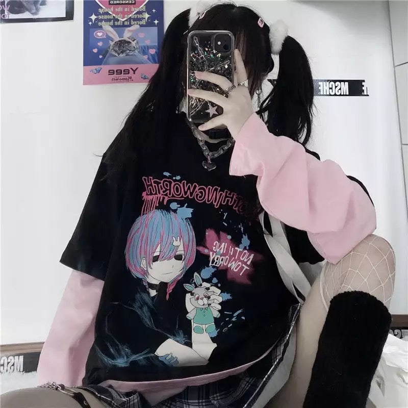 Goth Anime Girl Cartoon Print Loose Casual Sweatshirt Sweater Long Sleeve Shirt Pullover Jumper E-Girl Kawaii Korean Japanese Harajuku Streetwear
