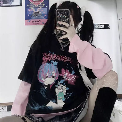 Goth Anime Girl Cartoon Print Loose Casual Sweatshirt Sweater Long Sleeve Shirt Pullover Jumper E-Girl Kawaii Korean Japanese Harajuku Streetwear