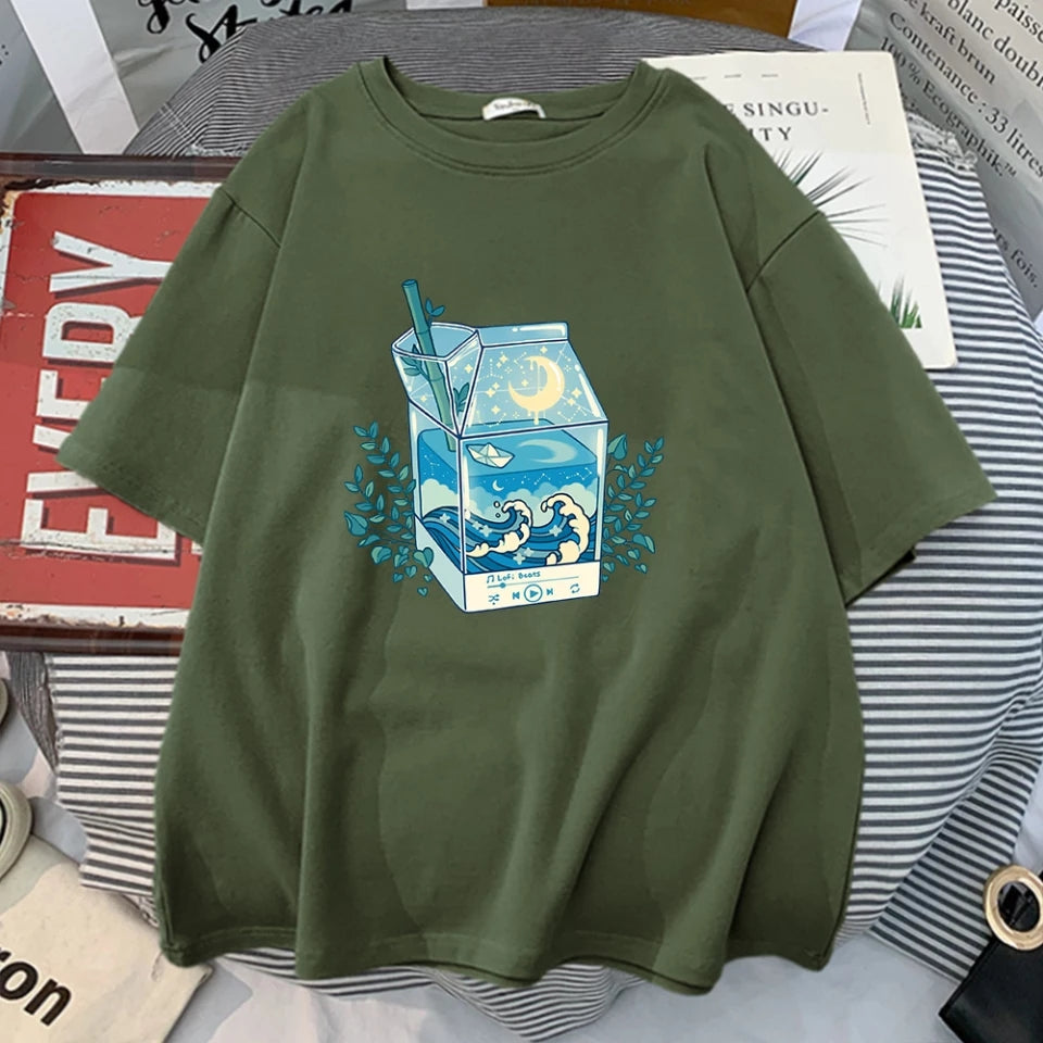 Cute Milk Box Moonlight Waves Print Crewneck Oversized Short Sleeve Shirt Aesthetic Casual E-Girl Kawaii Korean Japanese Harajuku