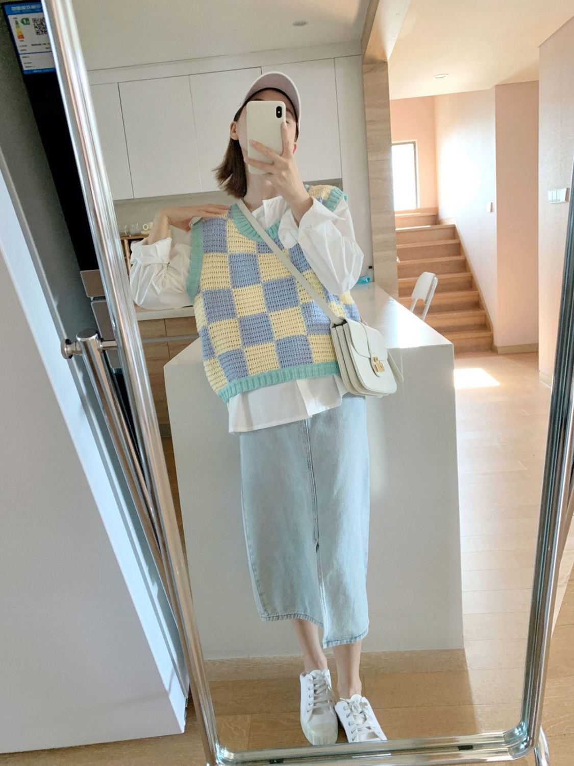 Blue & Yellow Checkered Crochet Sweater Vest