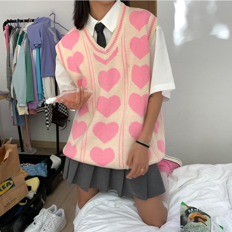 Heart Knit V Neck Loose Sweater Vest