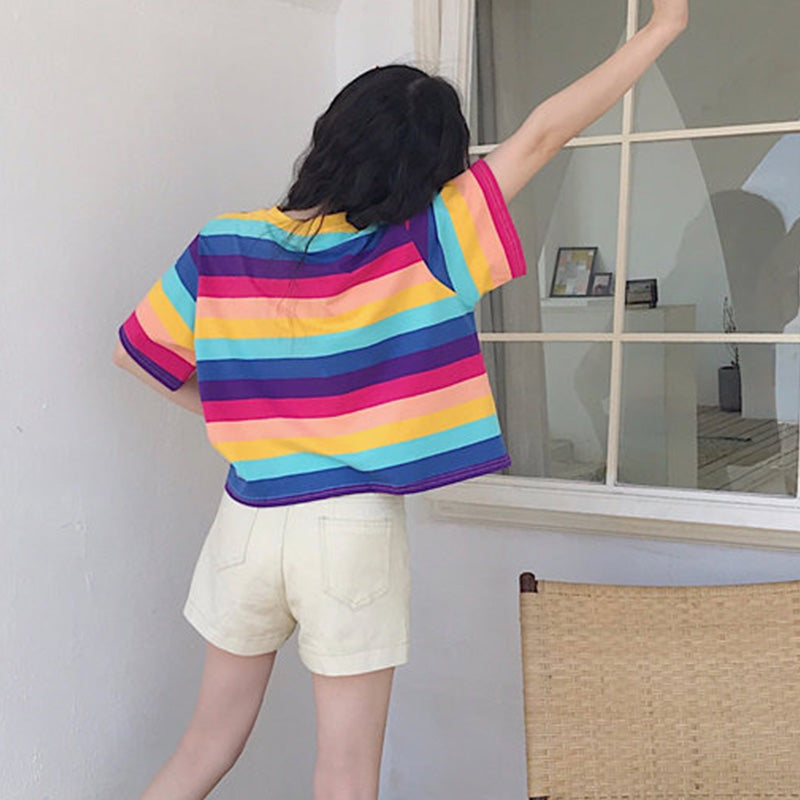 Cute Rainbow Colorful Stripe LGBT Pride Loose Oversized Short Sleeve Shirt Tee T-shirt E-Girl Kawaii Korean Japanese Harajuku Chinese Retro Streetwear