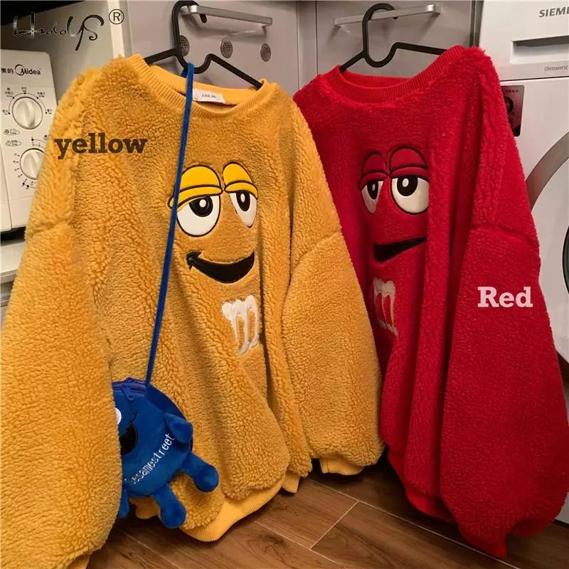 Cute Chocolate M Funny Cartoon Plush Oversize Long Sleeve Shirt Hoodie Pullover Sweatshirt Aesthetic Casual E-Girl Kawaii Korean Japanese Harajuku