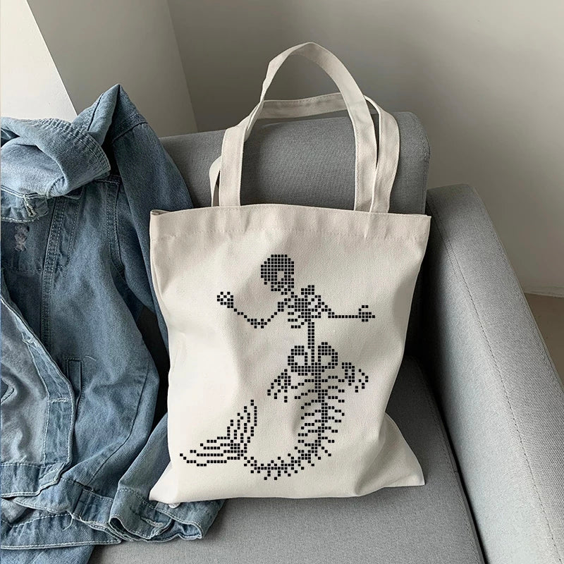 Cute Skeleton Skull Butterfly Wing Print Shoulder Bag Canvas Eco Tote Aesthetic Casual Summer E-Girl Kawaii Korean Japanese Harajuku