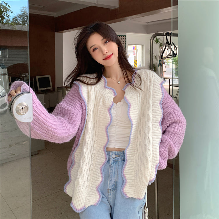 Purple & White Patchwork Knit Cardigan