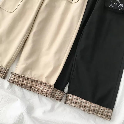 Cute Black Khaki Bear Embroidery Wide Leg Pants Women Casual High Waisted Loose Long Straight Bottom E-Girl Kawaii Korean Japanese Harajuku Streetwear