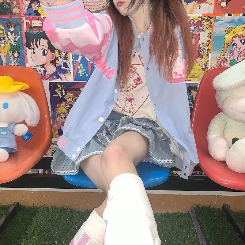 Blue & Pink Rabbit Patchwork Varsity Jacket