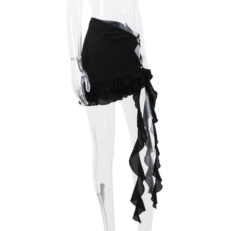 Black Butterfly Ruffle Hollow Out Split Mini Skirt
