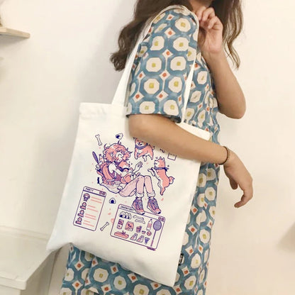 Cute Shiba Inu Anime Girl Cartoon Tote Canvas Bag Shopper Shoulder Bag Aesthetic Casual Summer E-Girl Kawaii Korean Japanese Harajuku
