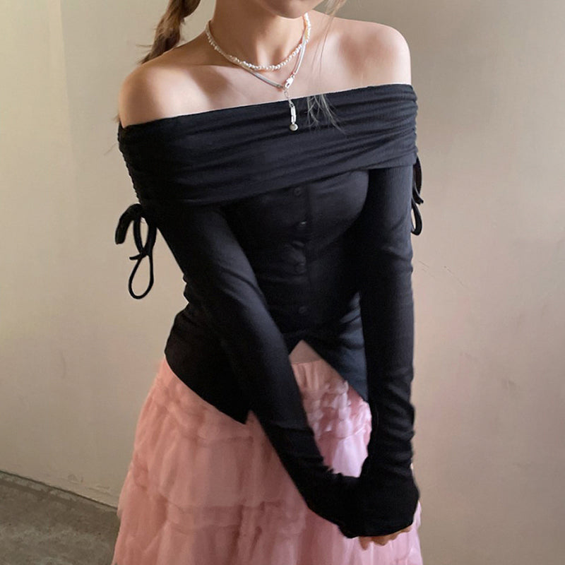 Pink Slash Neck Drawstring Long Sleeve Shirt