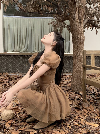 Brown Squares Neck Puff Sleeve Dress
