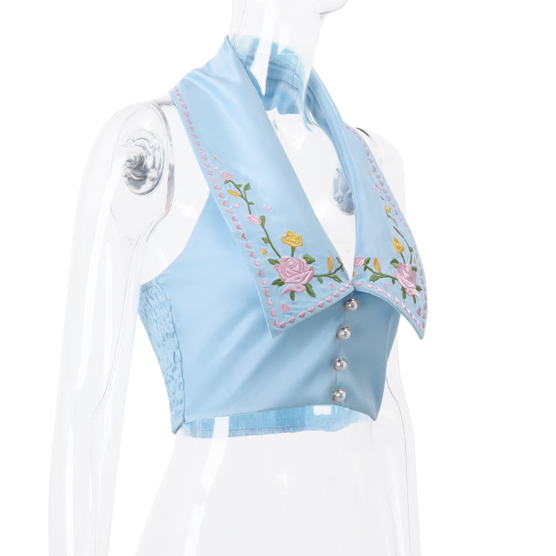 Blue Flower Embroidery Collar Vest Top