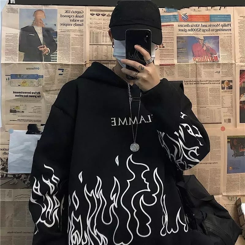 White Black Flame Fire Cartoon Casual Loose Oversized Hoodie Sweater Sweatshirt Long Sleeve Pullover E-Girl Kawaii Korean Japanese Harajuku Streetwear