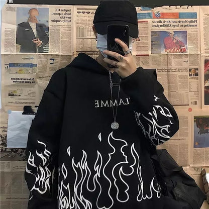 White Black Flame Fire Cartoon Casual Loose Oversized Hoodie Sweater Sweatshirt Long Sleeve Pullover E-Girl Kawaii Korean Japanese Harajuku Streetwear