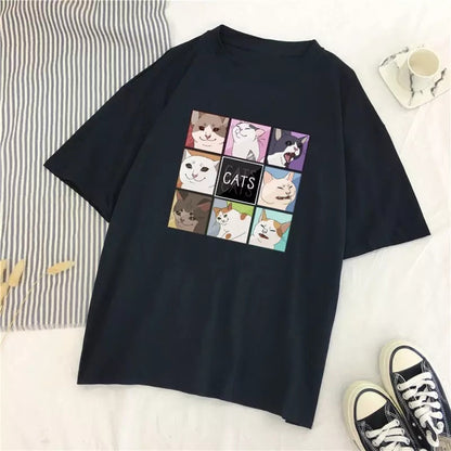 Cute Cat Kitten Animal Cartoon Funny Short Sleeve Shirt Tee T-shirt E-Girl Kawaii Korean Japanese Harajuku Chinese Retro Streetwear Aesthetic