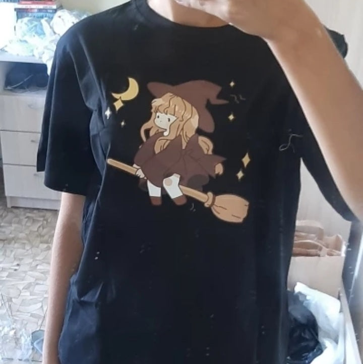 Cute Witch Anime Girl Cresent Moon Print Oversized Short Sleeve Shirt Summer Aesthetic Casual E-Girl Kawaii Korean Japanese Harajuku