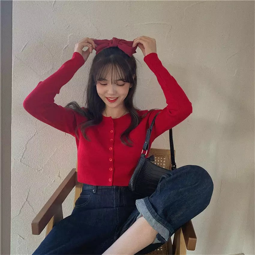 Cute Vintage O Neck Button Down Knit Cardigan Crop Top Sweater Sweatshirt Pullover Jumper E-Girl Kawaii Korean Japanese Harajuku Streetwear