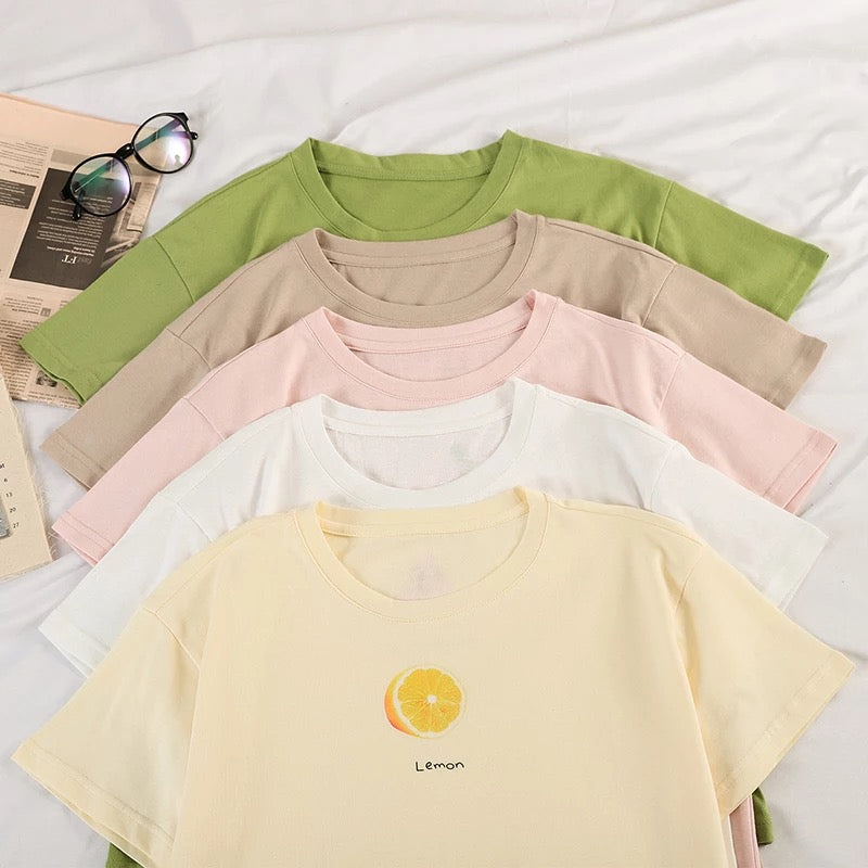 Cute Summer Casual Fruit Print O Neck Short Sleeve Tee Shirt T-shirt Top Loose Oversized E-Girl Kawaii Korean Japanese Harajuku Retro Streetwear