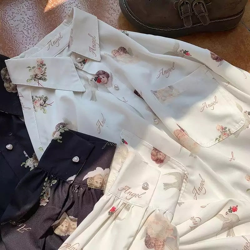 Vintage Angel Love Print Elegant Long Sleeve Shirt Blouse Top Lantern Sleeve Punk Grunge E-Girl Kawaii Korean Japanese Harajuku Streetwear