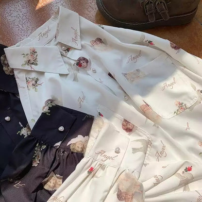 Vintage Angel Love Print Elegant Long Sleeve Shirt Blouse Top Lantern Sleeve Punk Grunge E-Girl Kawaii Korean Japanese Harajuku Streetwear