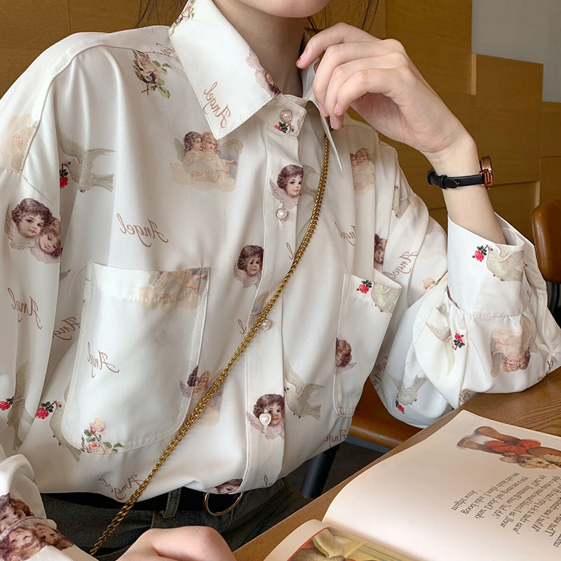 Vintage Angel Love Print Elegant Long Sleeve Shirt Blouse Top Lantern Sleeve Punk Grunge E-Girl Kawaii Korean Japanese Harajuku Streetwear