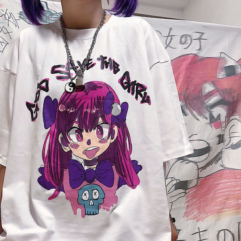 Cute Girl Graffiti Graphic Art Print Punk Baggy Hip Hop Oversized Long Sleeve Tee Shirt T-shirt Top E-Girl Kawaii Korean Japanese Harajuku Streetwear