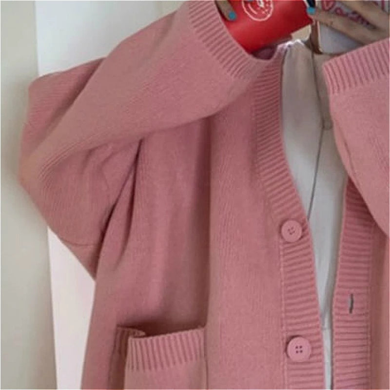 Cute Baby Pink V Neck Chic Loose Oversized Knit Cardigan Long Sleeve Sweater Jumper Aesthetic Casual Summer E-Girl Kawaii Korean Japanese Harajuku
