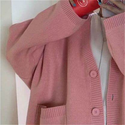 Cute Baby Pink V Neck Chic Loose Oversized Knit Cardigan Long Sleeve Sweater Jumper Aesthetic Casual Summer E-Girl Kawaii Korean Japanese Harajuku
