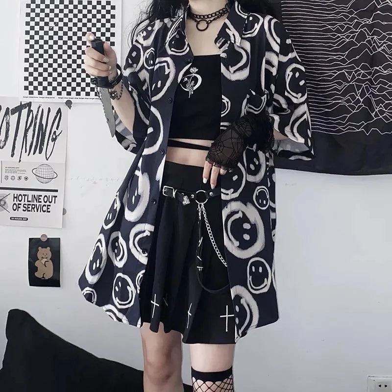 Black Smiley Happy Face Cartoon Print Button Down Oversize Short Sleeve Shirt Goth Aesthetic Casual Summer E-Girl Kawaii Korean Japanese Harajuku