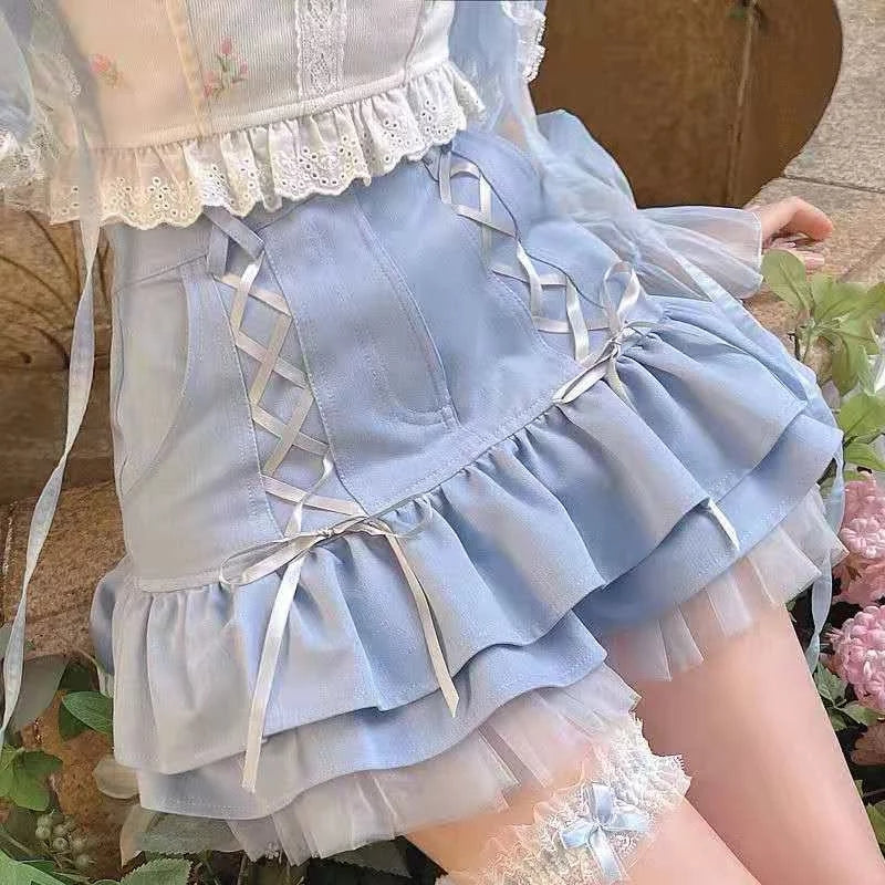 Cute Sexy Blue Lace Ribbon Bow High Waisted Mini Skirt Aesthetic Summer E-Girl Kawaii Korean Japanese Harajuku