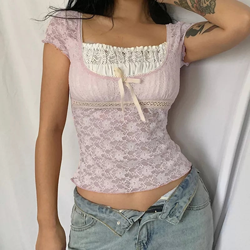 Cute Sweet Pink Lace Trim Short Sleeve Shirt Crop Top Summer Aesthetic Casual E-Girl Kawaii Korean Japanese Harajuku
