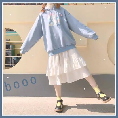 Cute Cream Bunny Rabbit Print Long Sleeve Hoodie Oversized Pullover Sweater Aesthetic Casual E-Girl Kawaii Korean Japanese Harajuku