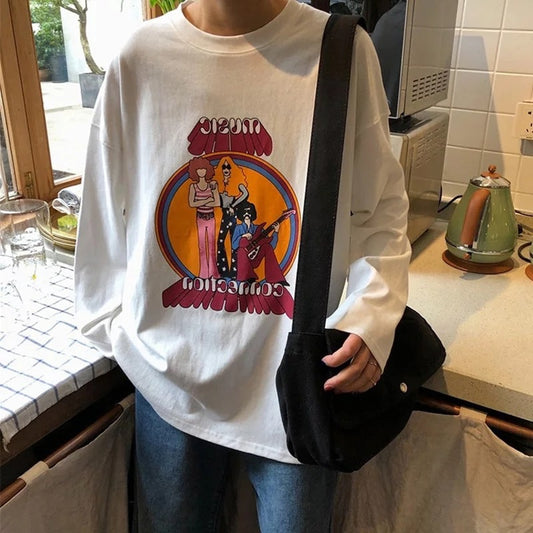 Cute White Music Band Cartoon Print Oversize Loose Long Sleeve Shirt Top T-shirt O Neck Casual E-Girl Kawaii Korean Japanese Harajuku Streetwear