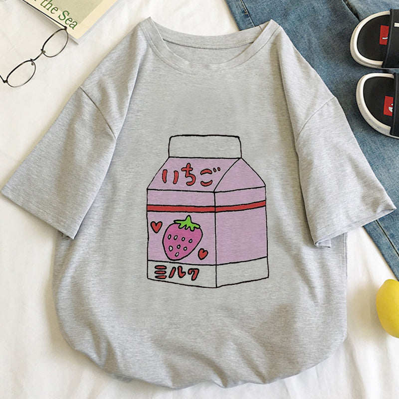 Cute Pink Peach Milk Carton Box Graphic Cartoon Print Loose Short Sleeve Short T-shirt Top Casual E-Girl Kawaii Korean Japanese Harajuku Streetwear