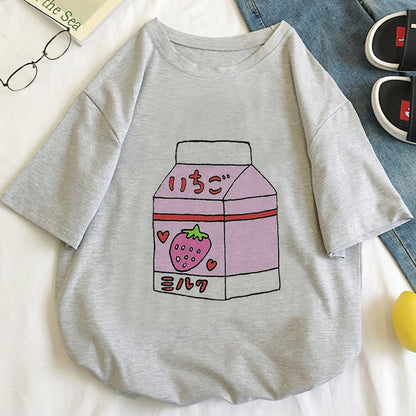 Cute Pink Peach Milk Carton Box Graphic Cartoon Print Loose Short Sleeve Short T-shirt Top Casual E-Girl Kawaii Korean Japanese Harajuku Streetwear
