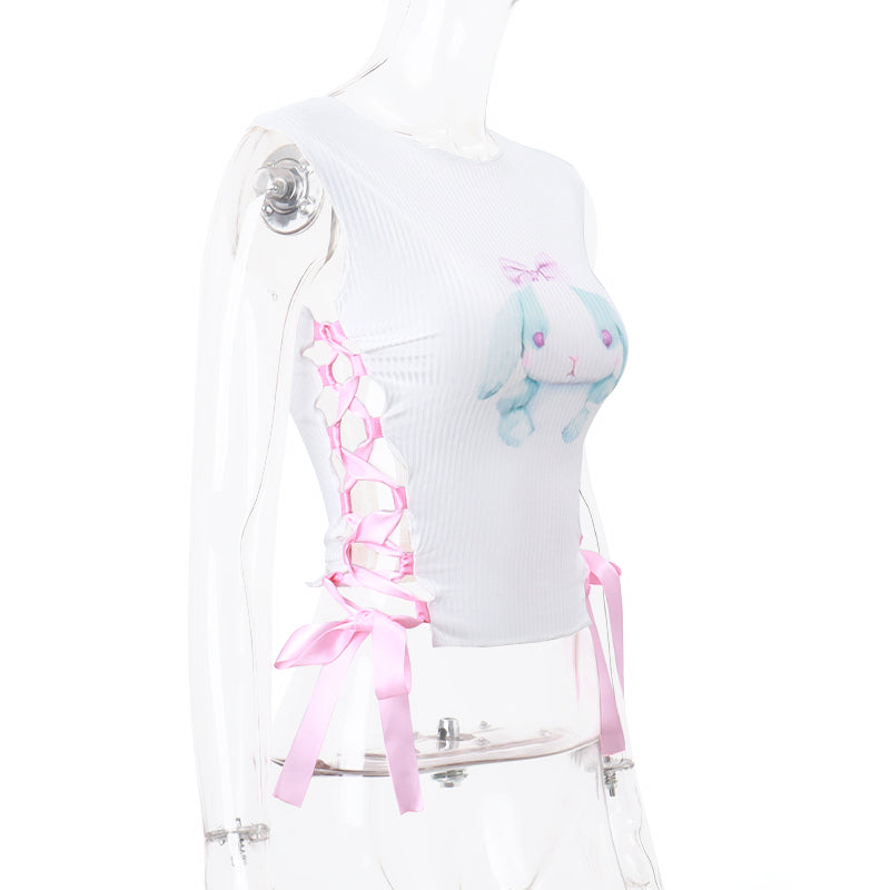 Rabbit Print Side Cross Ribbon Tank Top
