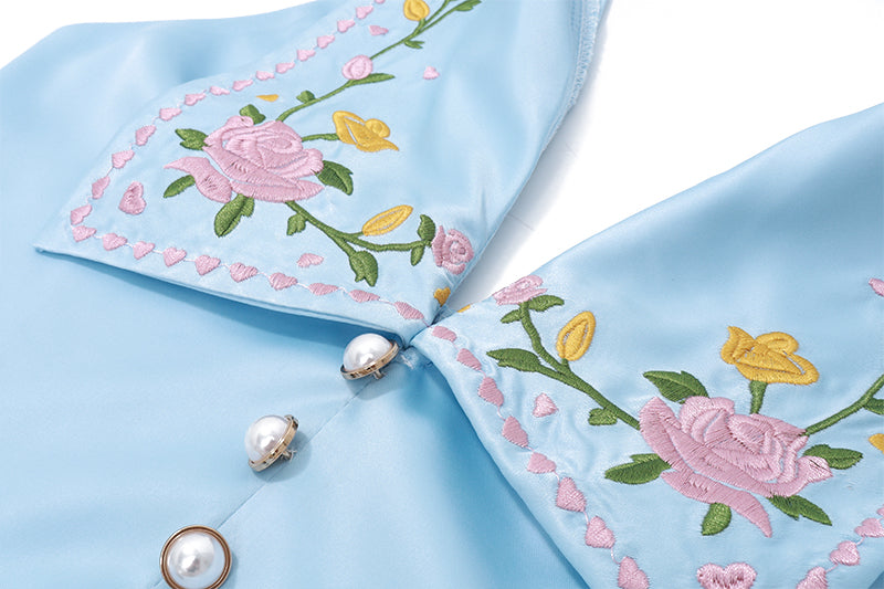 Blue Flower Embroidery Collar Vest Top