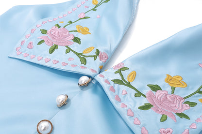 Blue Flower Embroidery Collar Vest Top
