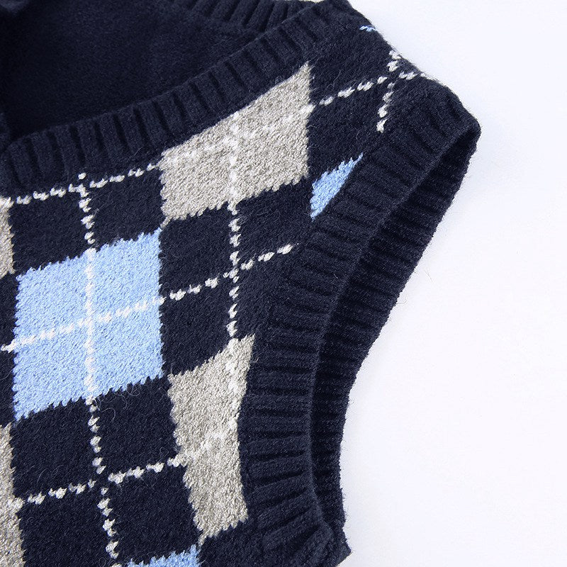 Vintage Plaid V Neck Sleeveless Sweater Vest Knit Crop Top Preppy Causal Pullover E-Girl Kawaii Korean Japanese Harajuku Streetwear