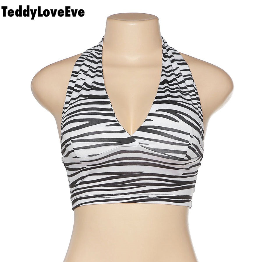 Cute Sexy Zebra Animal Print Sleeveless Halter Crop Top Shirt Tee T-shirt E-Girl Kawaii Korean Japanese Harajuku Chinese Retro Streetwear Aesthetic