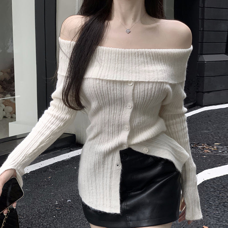 White Button Up Split Slash Neck Sweater